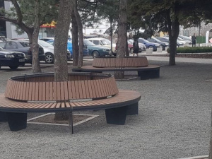 В центре Мариуполя вокруг деревьев установили современные скамейки