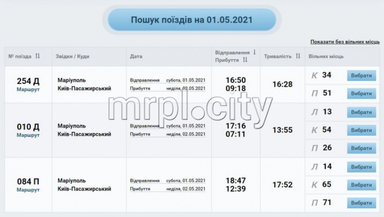 Из Мариуполя в Киев на Пасху и майские праздники назначили дополнительный поезд