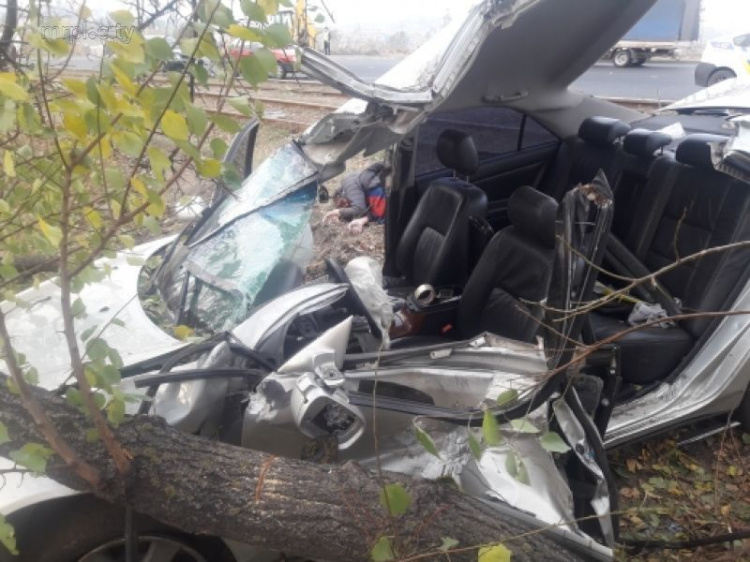 В Мариуполе автомобиль перелетел трамвайные пути и врезался в дерево (ФОТО)