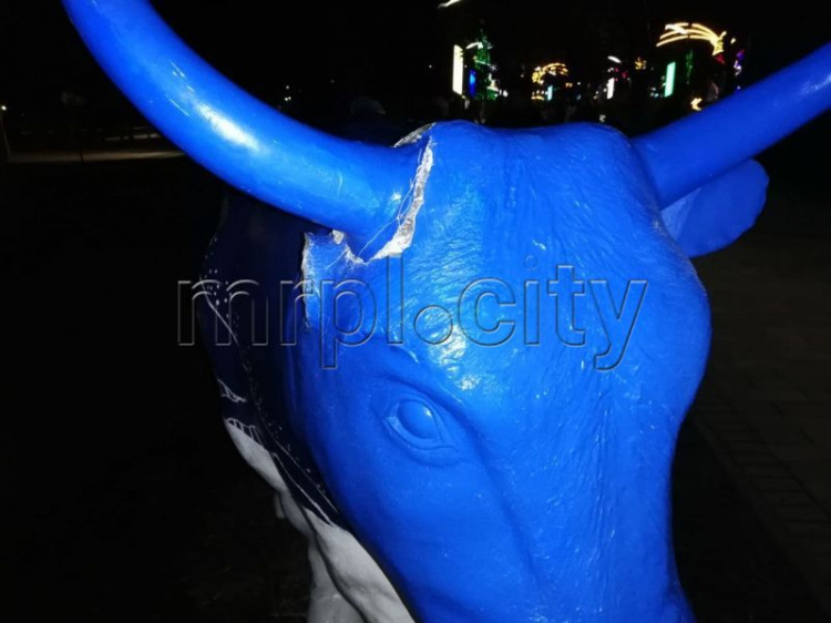 Многострадальному мариупольскому быку отломали рог и ухо