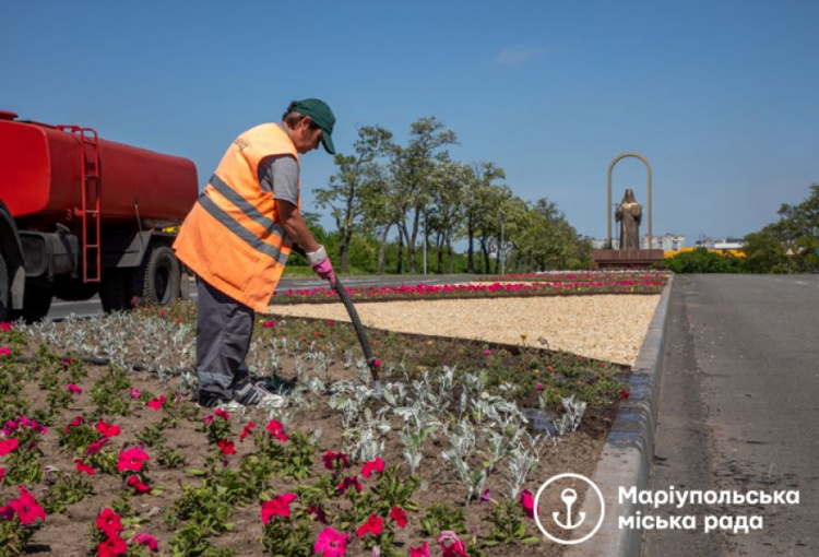 Въезд в Мариуполь украсили десятки тысяч цветов