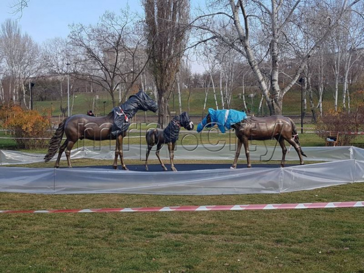В мариупольском парке «место отдыха» лошадей застелили резиновым покрытием